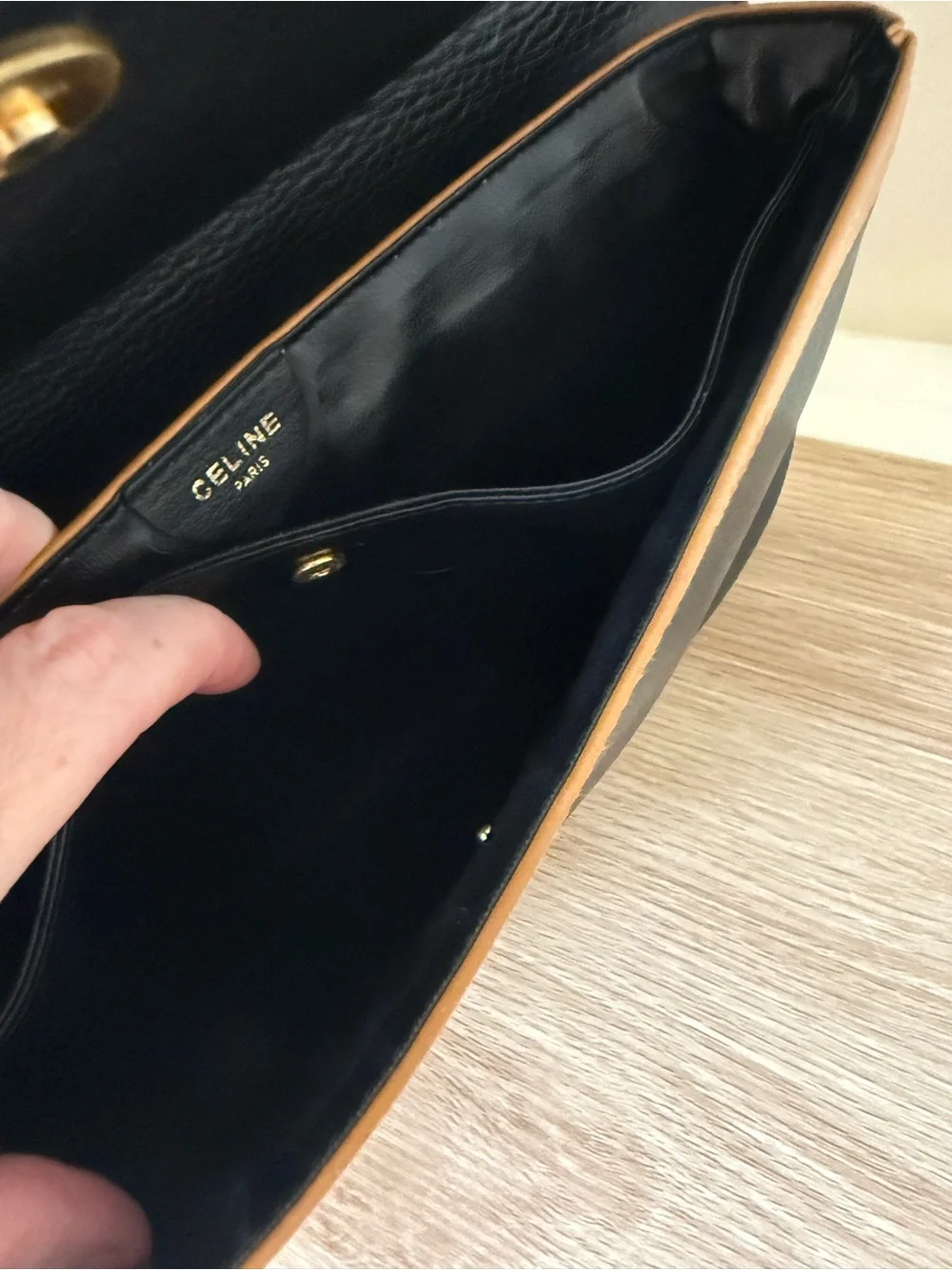 Vintage Celine Black Leather Fold-Over Clutch with Gold Hardware